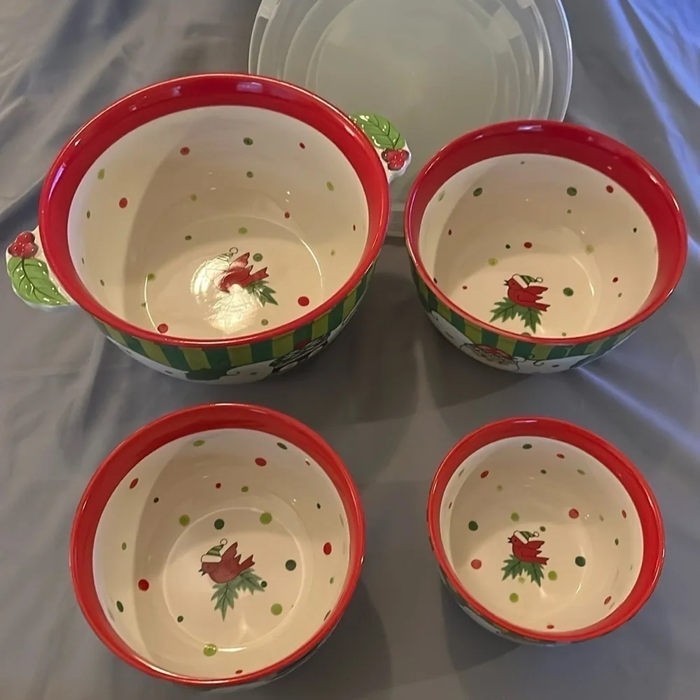 Temptations Christmas 4 Mixing Bowls Winter Whimsy Nesting Bowl Set